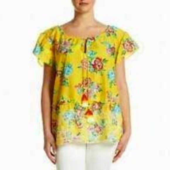 Relativity Yellow Floral Eyelet Peplem Top Medium - Picture 2 of 6